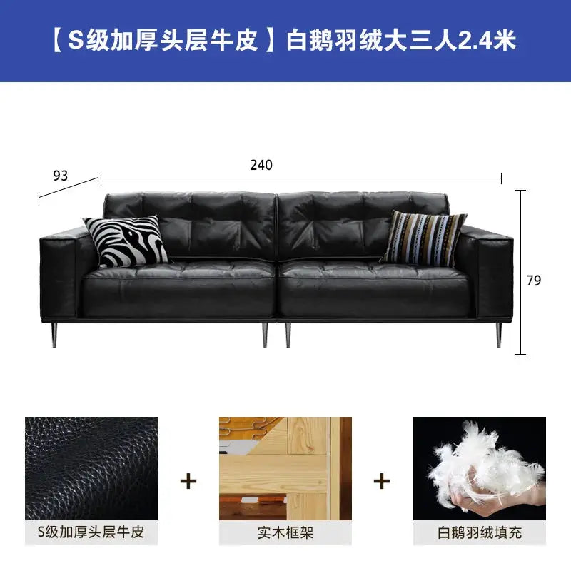 French Retro Oil Wax Leather Sofa, Top Grain Cowhide, Mid-Century Tofu Block Straight Sofa for Small Living Room from PriceLows™