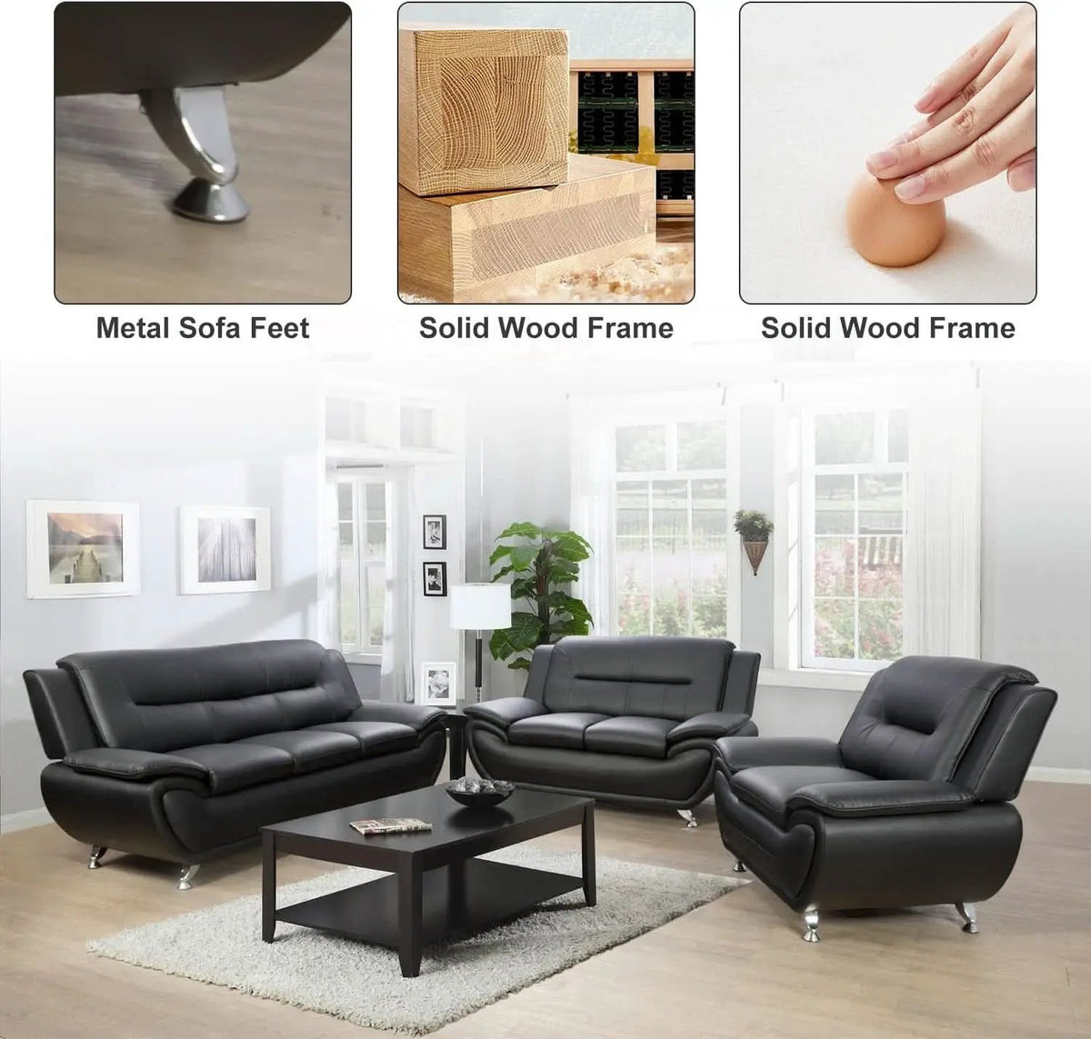 Leather Sofa and Loveseat Set for Living Room Black Leather Furniture from PriceLows™