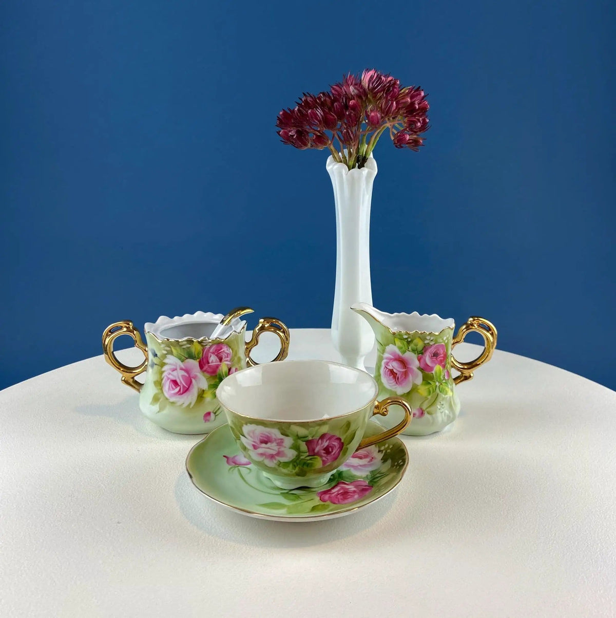 Lefton Hand Painted Tea Set | Cup Saucer Creamer Sugar Jar with Spoon | Roses Motif | Gift for Her