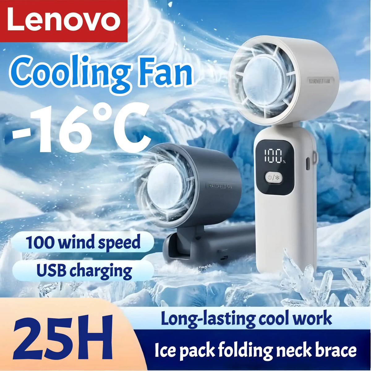 Lenovo Portable Fan | 100 Speed Levels | Foldable Design | One Size from PriceLows™