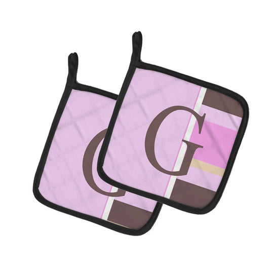 Pot Holder Set of 2 | Heat Resistant Quilted Hot Pads | 7.5 x 7.5 Inch | Letter G Initial Monogram - Pink Stripes