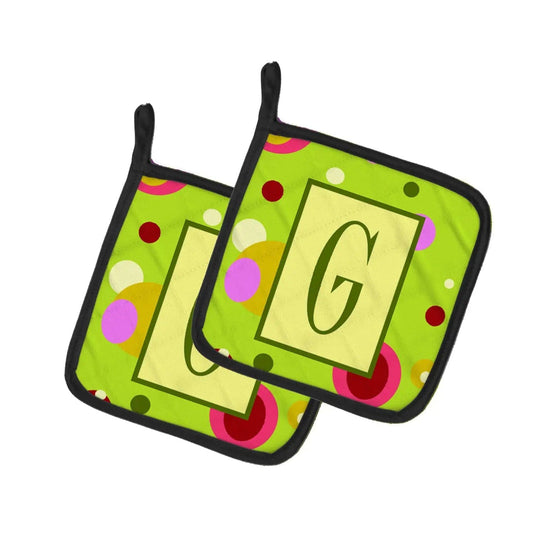 Pot Holder Set of 2 | Heat Resistant Quilted Hot Pads | 7.5 x 7.5 Inch | Letter G Monogram - Lime Green
