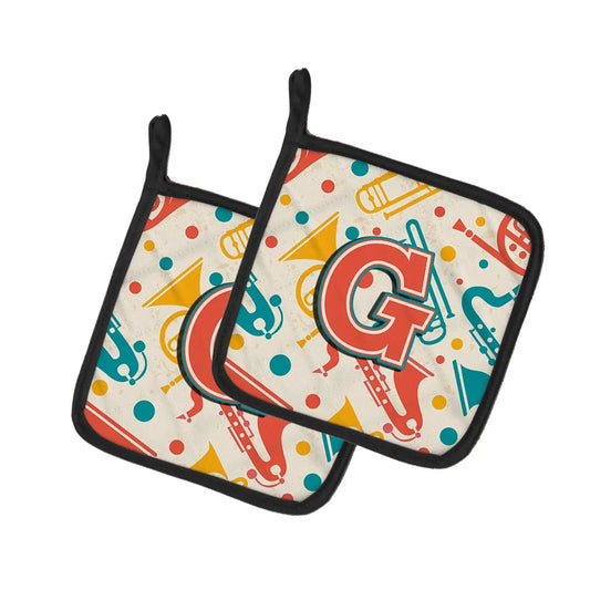 Pot Holder Set of 2 | Heat Resistant Quilted Hot Pads | 7.5 x 7.5 Inch | Letter G Retro Teal Orange Musical Instruments Initial