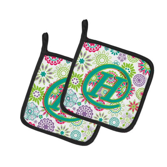Pot Holder Set of 2 | Heat Resistant Quilted Hot Pads | 7.5 x 7.5 Inch | Letter H Flowers Pink Teal Green Initial