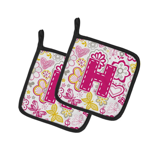 Pot Holder Set of 2 | Heat Resistant Quilted Hot Pads | 7.5 x 7.5 Inch | Letter H Flowers and Butterflies Pink