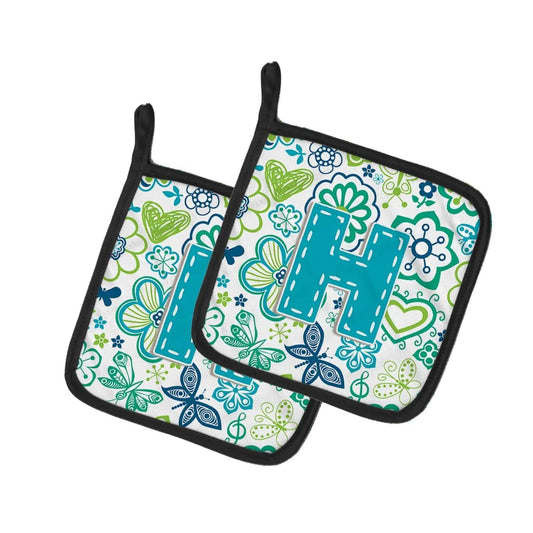 Pot Holder Set of 2 | Heat Resistant Quilted Hot Pads | 7.5 x 7.5 Inch | Letter H Flowers and Butterflies Teal Blue