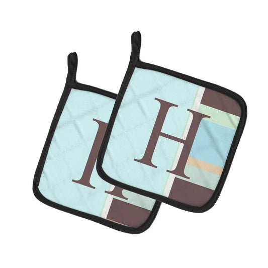 Pot Holder Set of 2 | Heat Resistant Quilted Hot Pads | 7.5 x 7.5 Inch | Letter H Initial Monogram - Blue Stripes