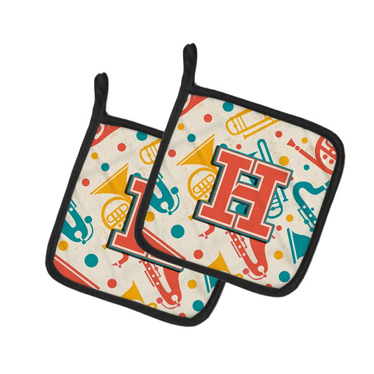 Pot Holder Set of 2 | Heat Resistant Quilted Hot Pads | 7.5 x 7.5 Inch | Letter H Retro Teal Orange Musical Instruments Initial