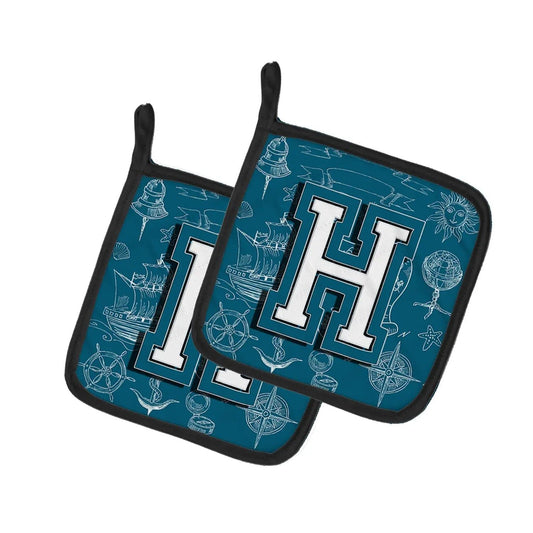 Pot Holder Set of 2 | Heat Resistant Quilted Hot Pads | 7.5 x 7.5 Inch | Letter H Sea Doodles Initial Alphabet