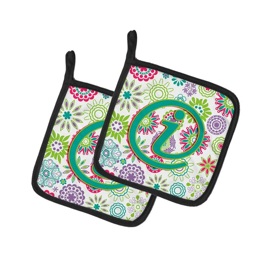 Pot Holder Set of 2 | Heat Resistant Quilted Hot Pads | 7.5 x 7.5 Inch | Letter I Flowers Pink Teal Green Initial