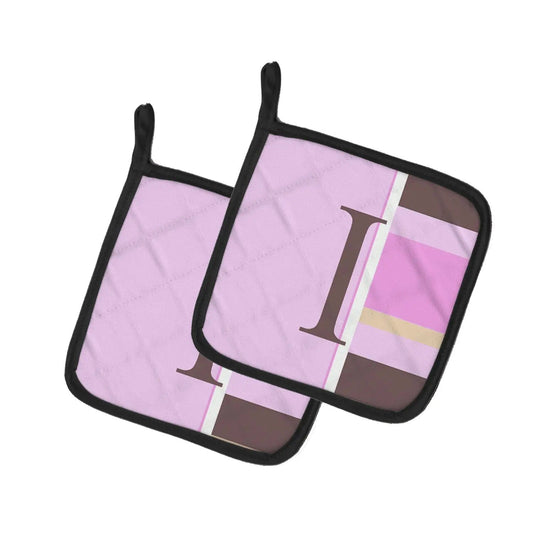 Pot Holder Set of 2 | Heat Resistant Quilted Hot Pads | 7.5 x 7.5 Inch | Letter I Initial Monogram - Pink Stripes