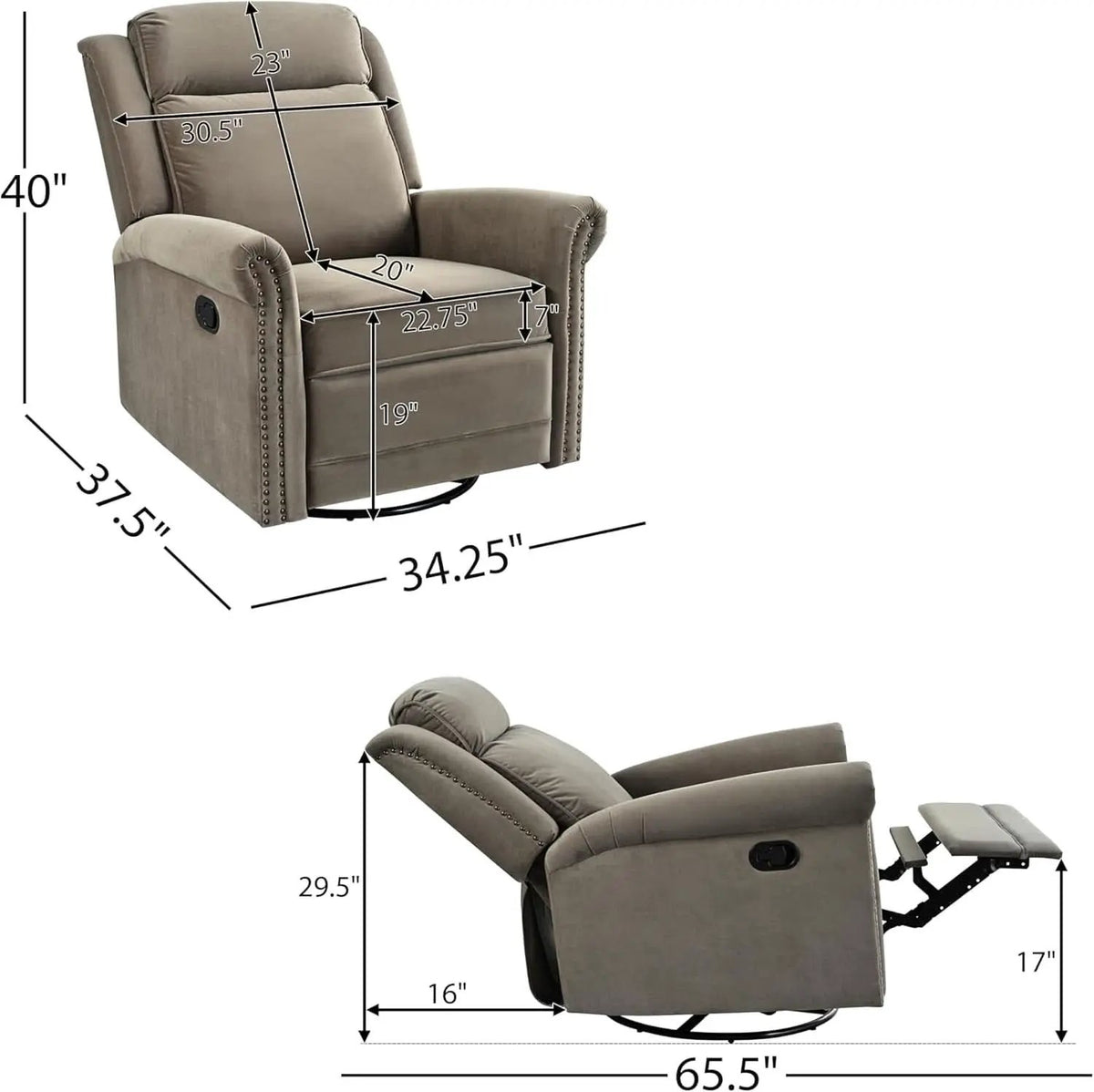 Light Brown Velvet Swivel Rocker Recliner Nailhead Trim from PriceLows™