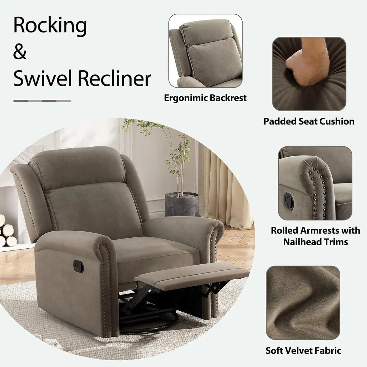 Light Brown Velvet Swivel Rocker Recliner Nailhead Trim from PriceLows™