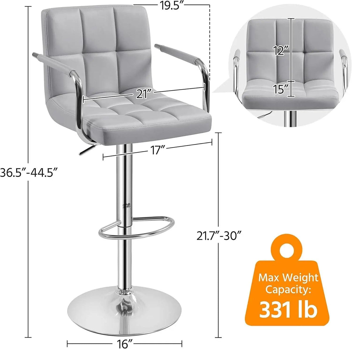 Light Grey Adjustable Swivel Bar Stools With Backrest, PU Leather, Set Of 2 from PriceLows™