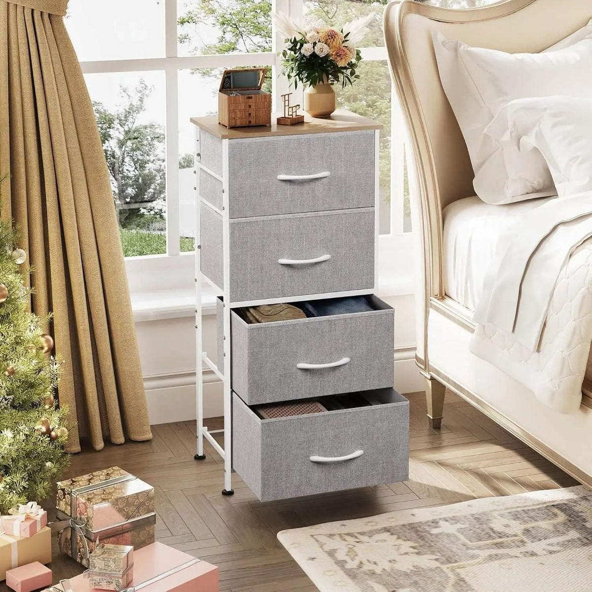 Light Grey Fabric 4 Drawer Dresser With Wood Top Storage from PriceLows™