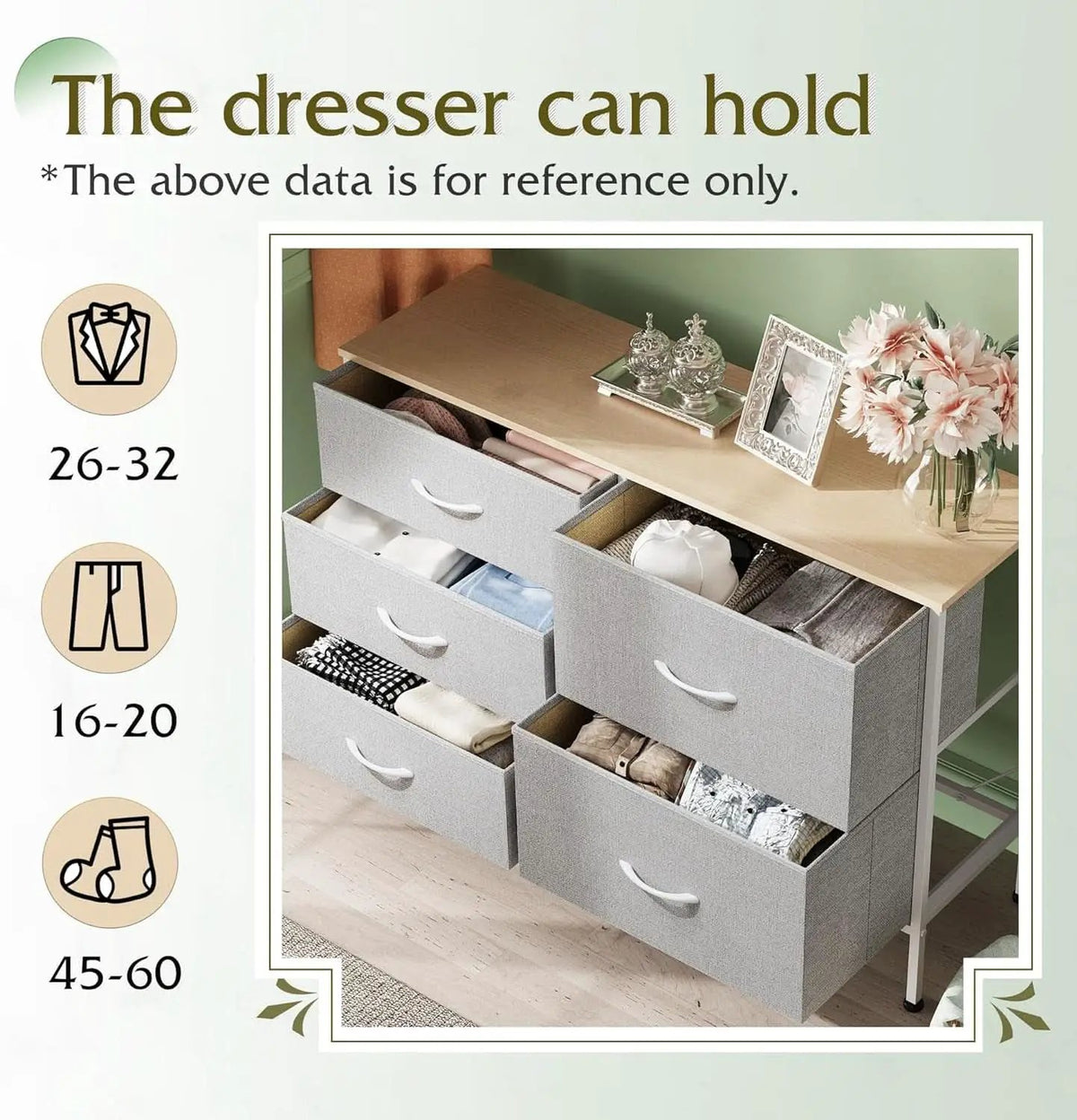 Light Grey Fabric Dresser With 5 Drawers And Drawer Organizers from PriceLows™
