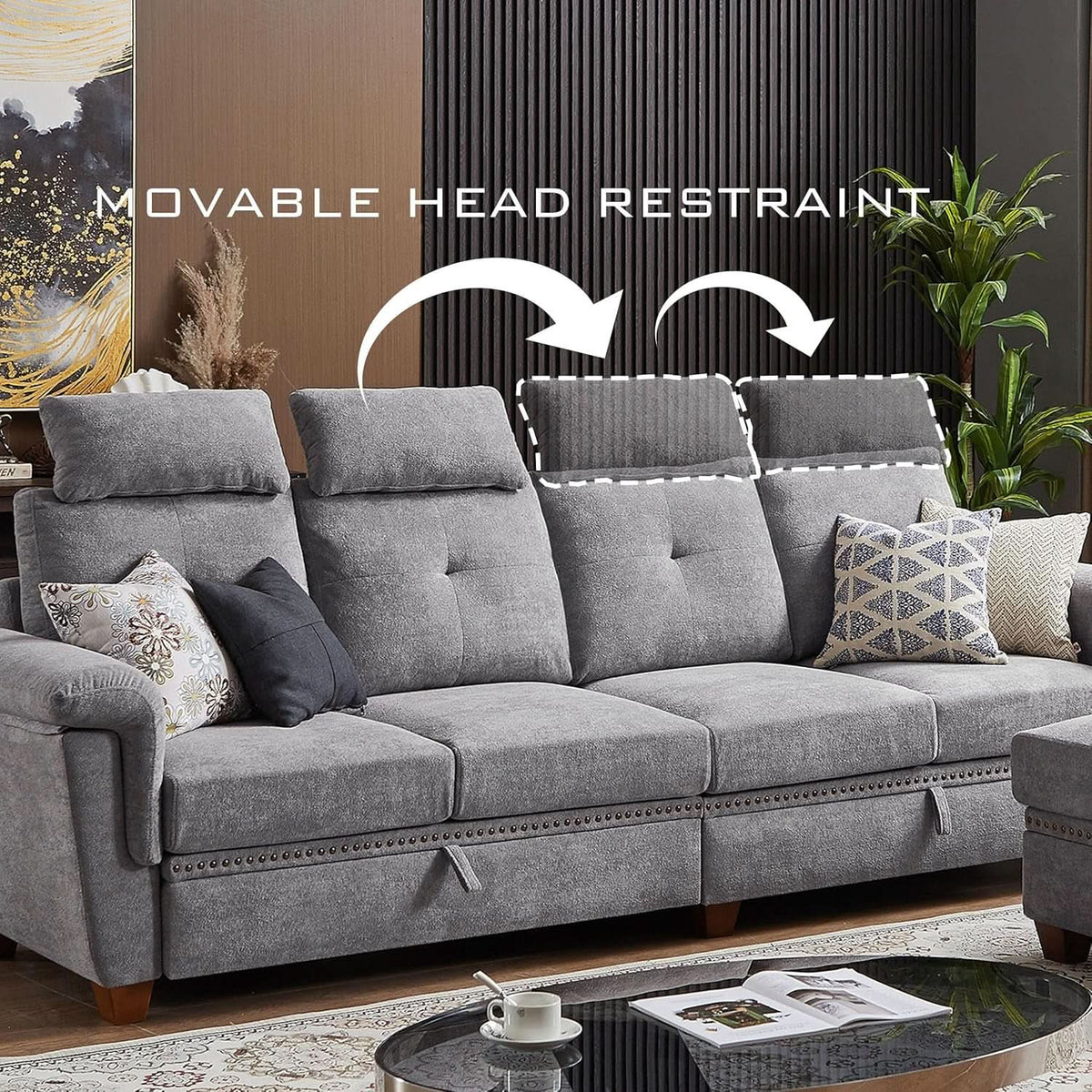 Light Grey Microfiber Sectional Sofa With Storage Ottoman from PriceLows™
