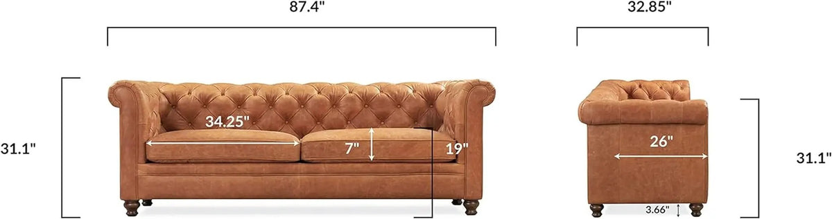 Lyon 87.4 Inch Cognac Tan Sofa Full Grain Leather Finish from PriceLows™