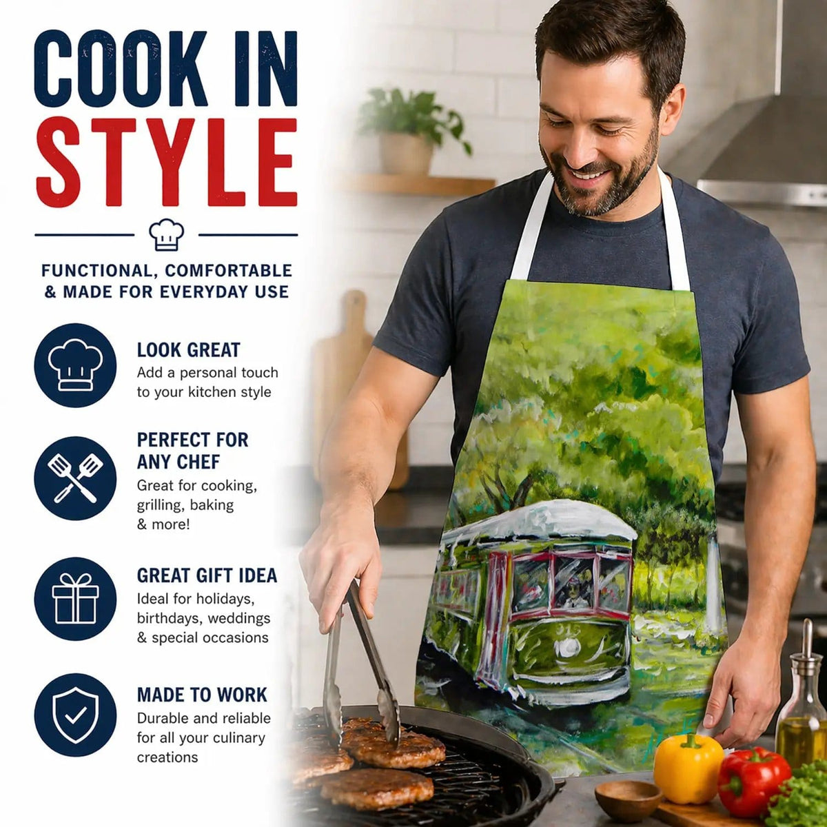 Kitchen Apron | Bib Style Unisex | 27"W x 30"H | Streetcar Next Stop Audubon Park