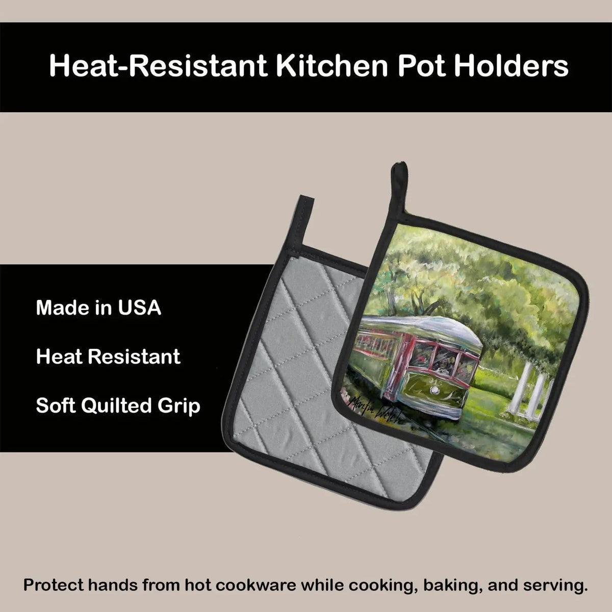 Pot Holder Set of 2 | Heat Resistant Quilted Hot Pads | 7.5 x 7.5 Inch | Streetcar Next Stop Audubon Park