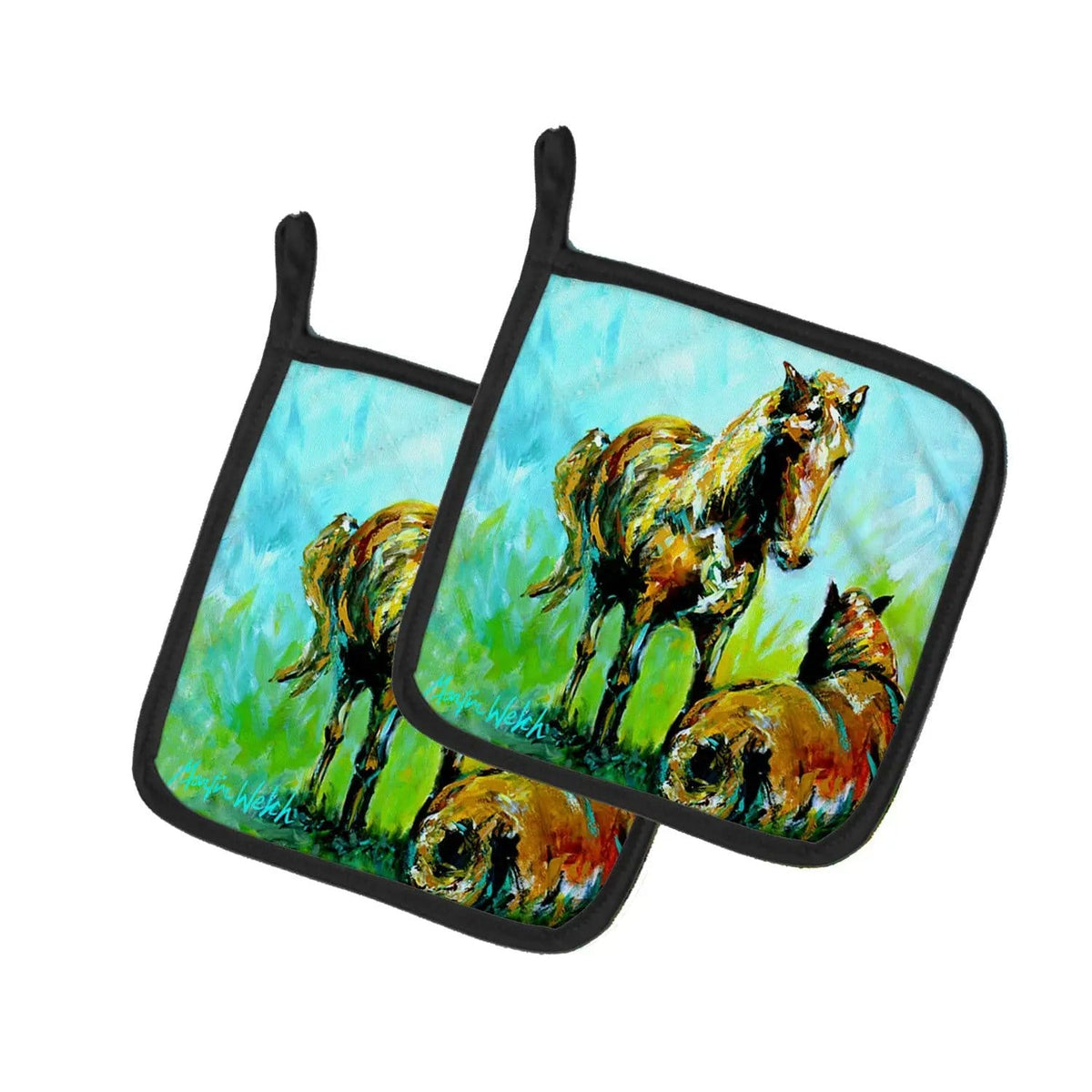 Pot Holder Set of 2 | Heat Resistant Quilted Hot Pads | 7.5 x 7.5 Inch | Horse Grazin