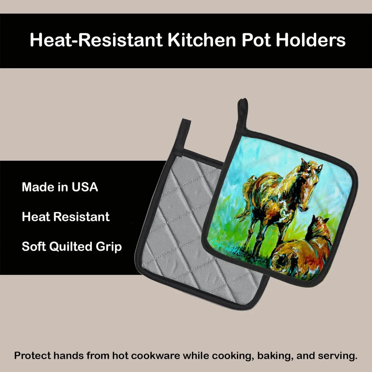 Pot Holder Set of 2 | Heat Resistant Quilted Hot Pads | 7.5 x 7.5 Inch | Horse Grazin