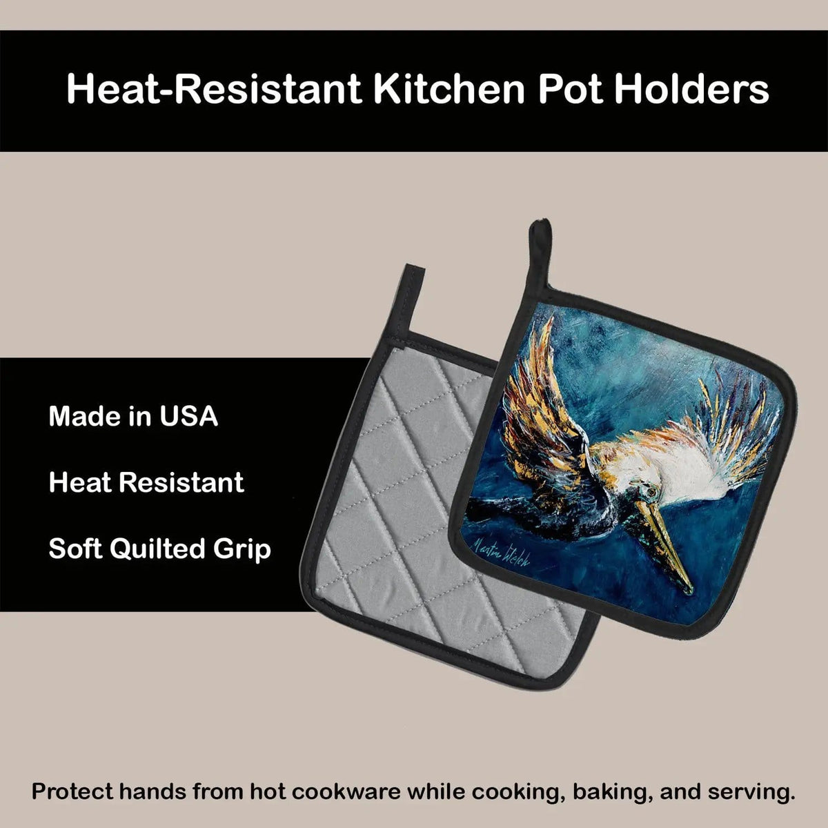 Pot Holder Set of 2 | Heat Resistant Quilted Hot Pads | 7.5 x 7.5 Inch | Pelican Go For It