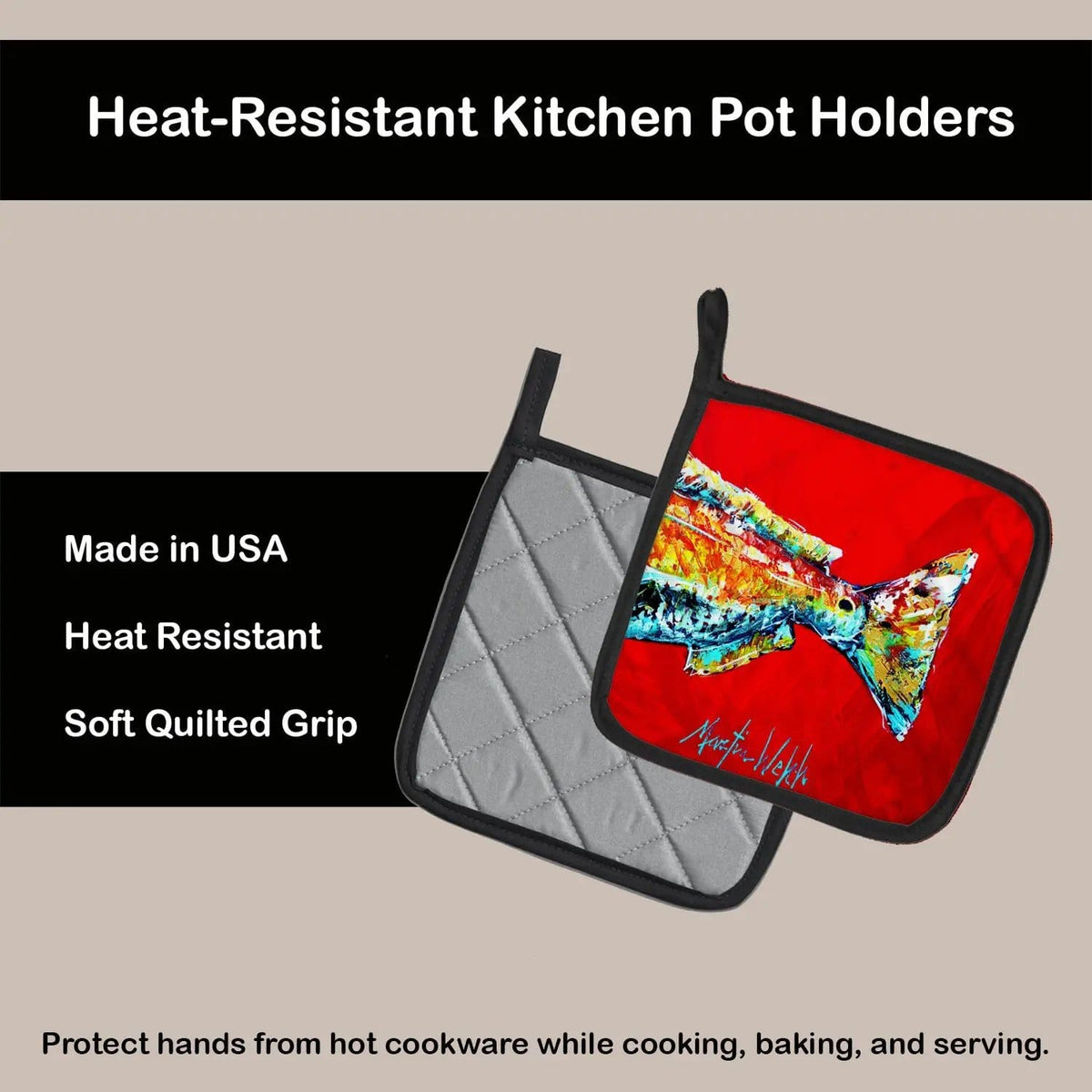 Pot Holder Set of 2 | Heat Resistant Quilted Hot Pads | 7.5 x 7.5 Inch | Red Fish Alphonzo Tail