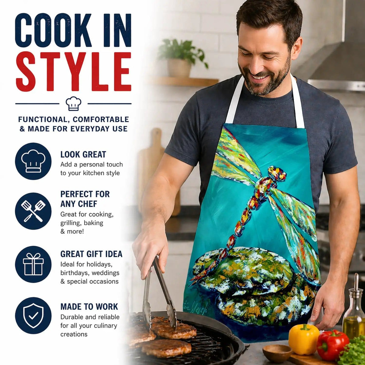 Kitchen Apron | Bib Style Unisex | 27"W x 30"H | Insect - Dragonfly Matin