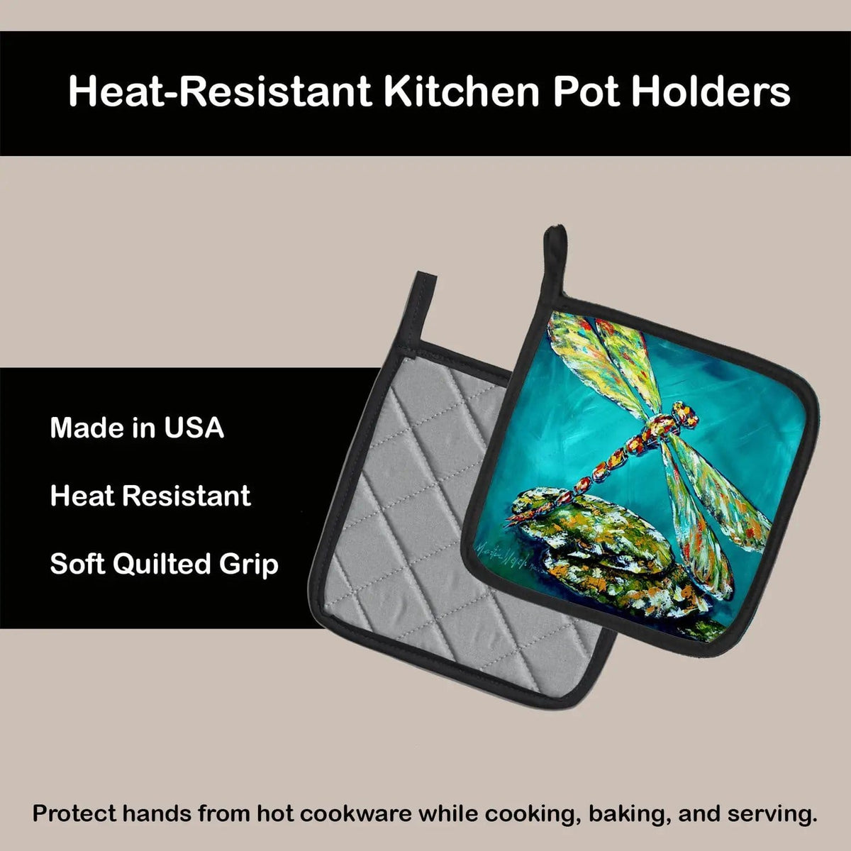 Pot Holder Set of 2 | Heat Resistant Quilted Hot Pads | 7.5 x 7.5 Inch | Insect - Dragonfly Matin