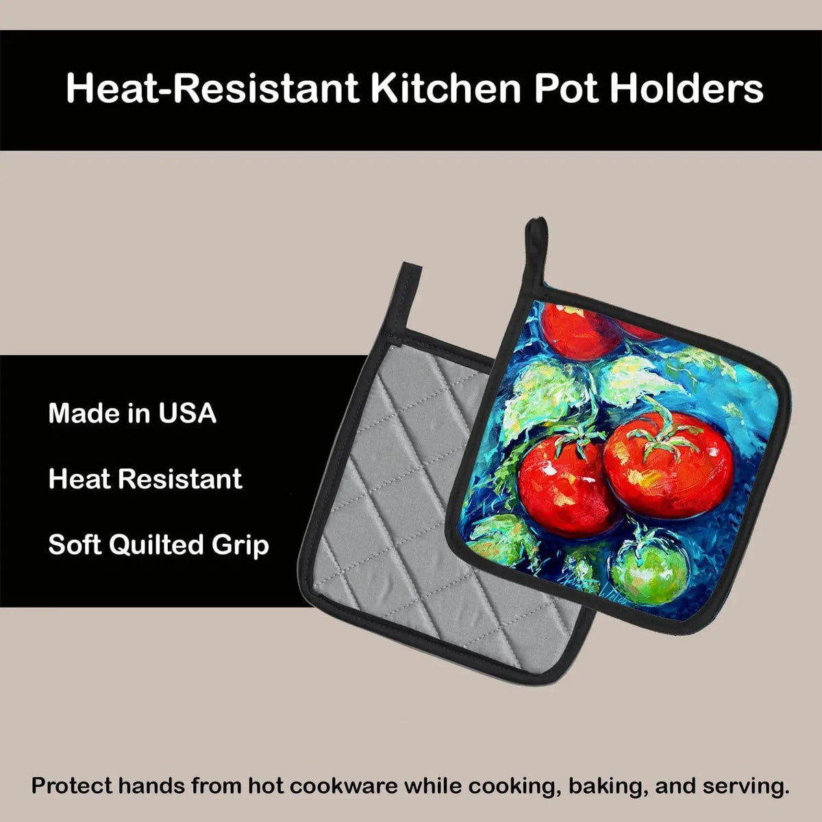 Pot Holder Set of 2 | Heat Resistant Quilted Hot Pads | 7.5 x 7.5 Inch | Vegetables - Tomatoes on the vine