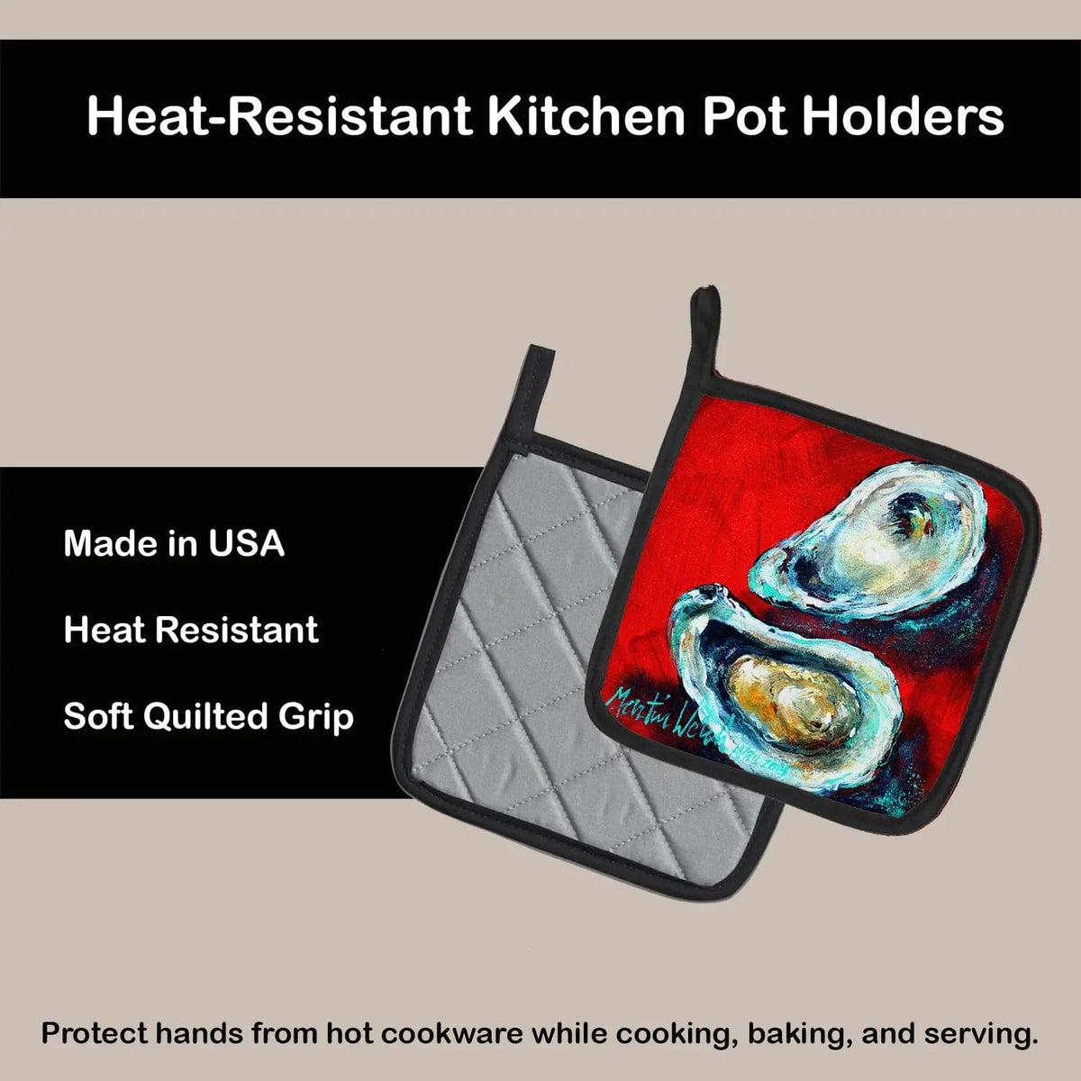 Pot Holder Set of 2 | Heat Resistant Quilted Hot Pads | 7.5 x 7.5 Inch | Open up Oyster