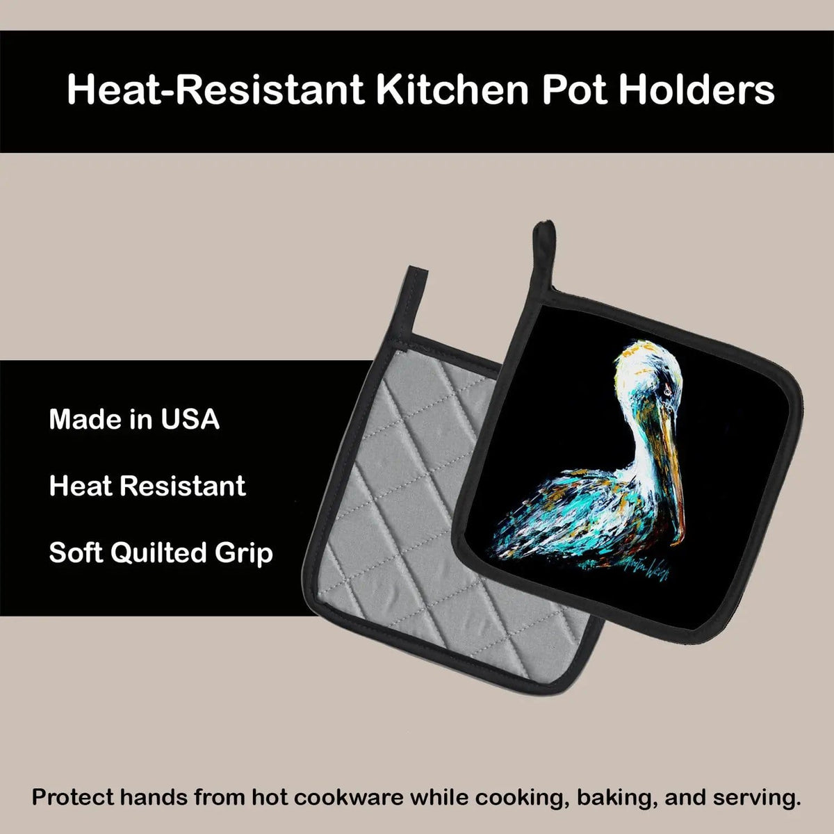 Pot Holder Set of 2 | Heat Resistant Quilted Hot Pads | 7.5 x 7.5 Inch | Dressed in Black Pelican