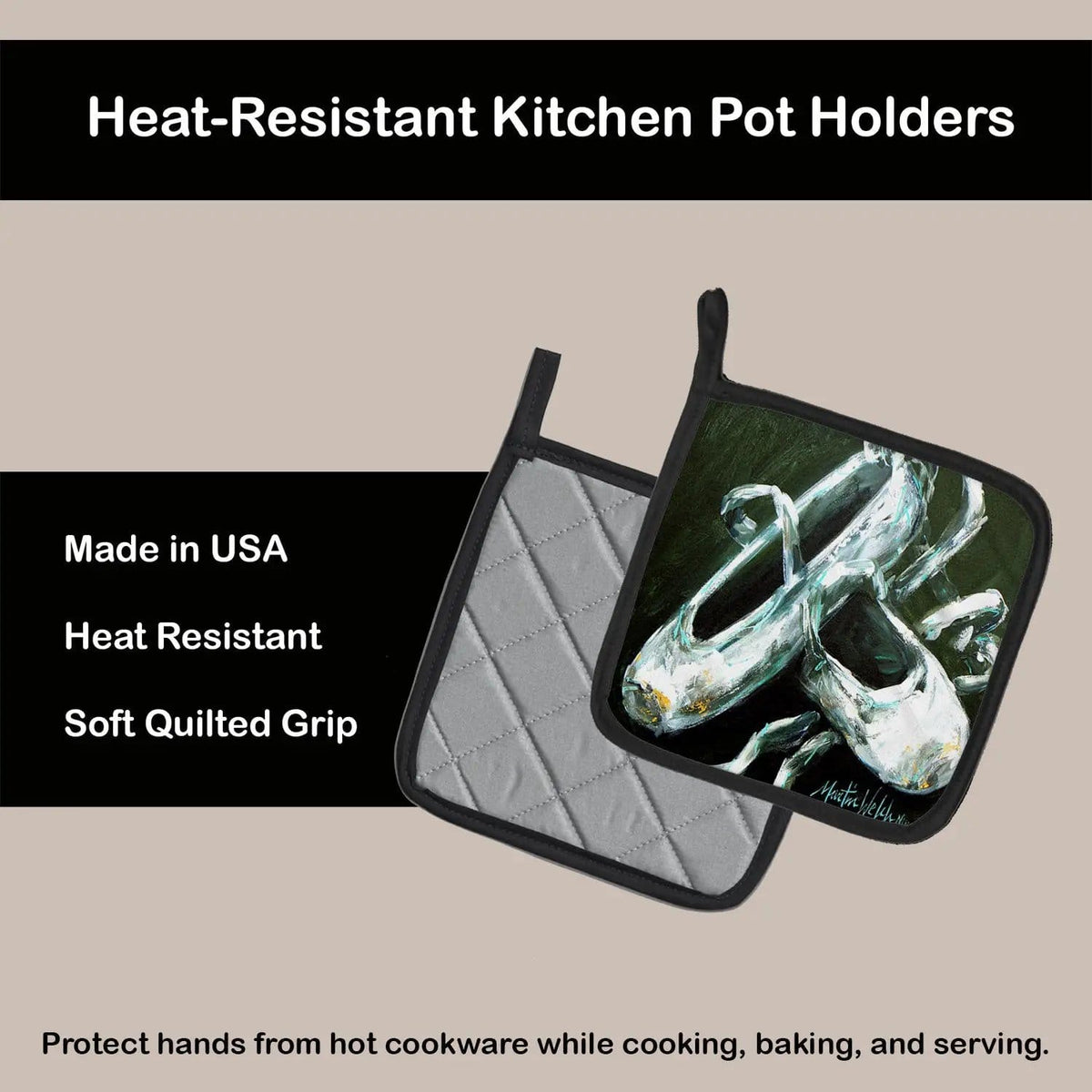 Pot Holder Set of 2 | Heat Resistant Quilted Hot Pads | 7.5 x 7.5 Inch | Ballet Golden Toes