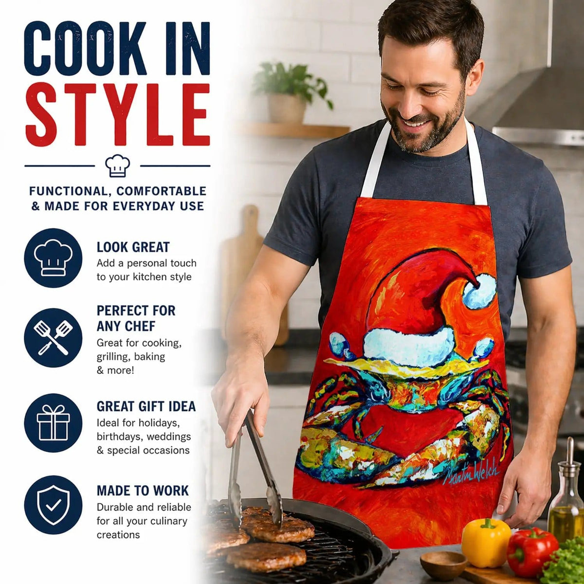 Kitchen Apron | Bib Style Unisex | 27"W x 30"H | Crab in Santa Hat Santa Claws