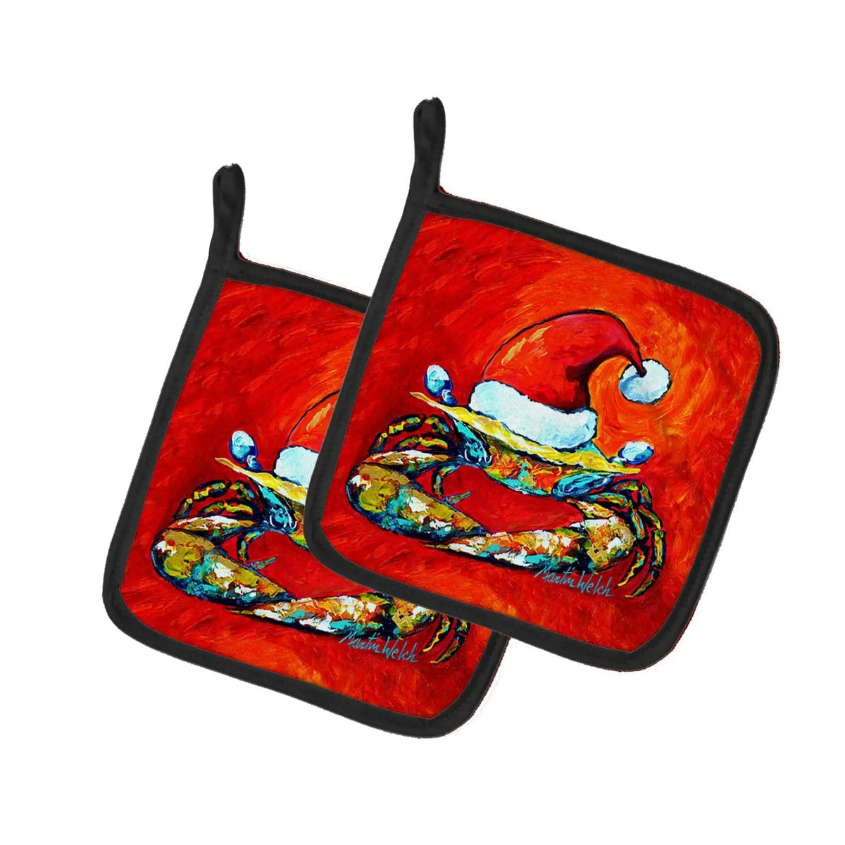 Pot Holder Set of 2 | Heat Resistant Quilted Hot Pads | 7.5 x 7.5 Inch | Crab in Santa Hat Santa Claws