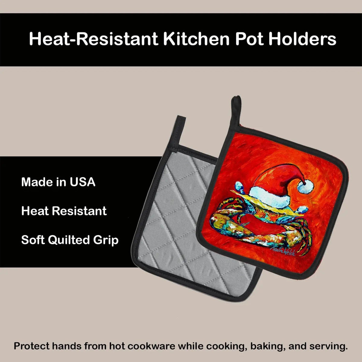 Pot Holder Set of 2 | Heat Resistant Quilted Hot Pads | 7.5 x 7.5 Inch | Crab in Santa Hat Santa Claws