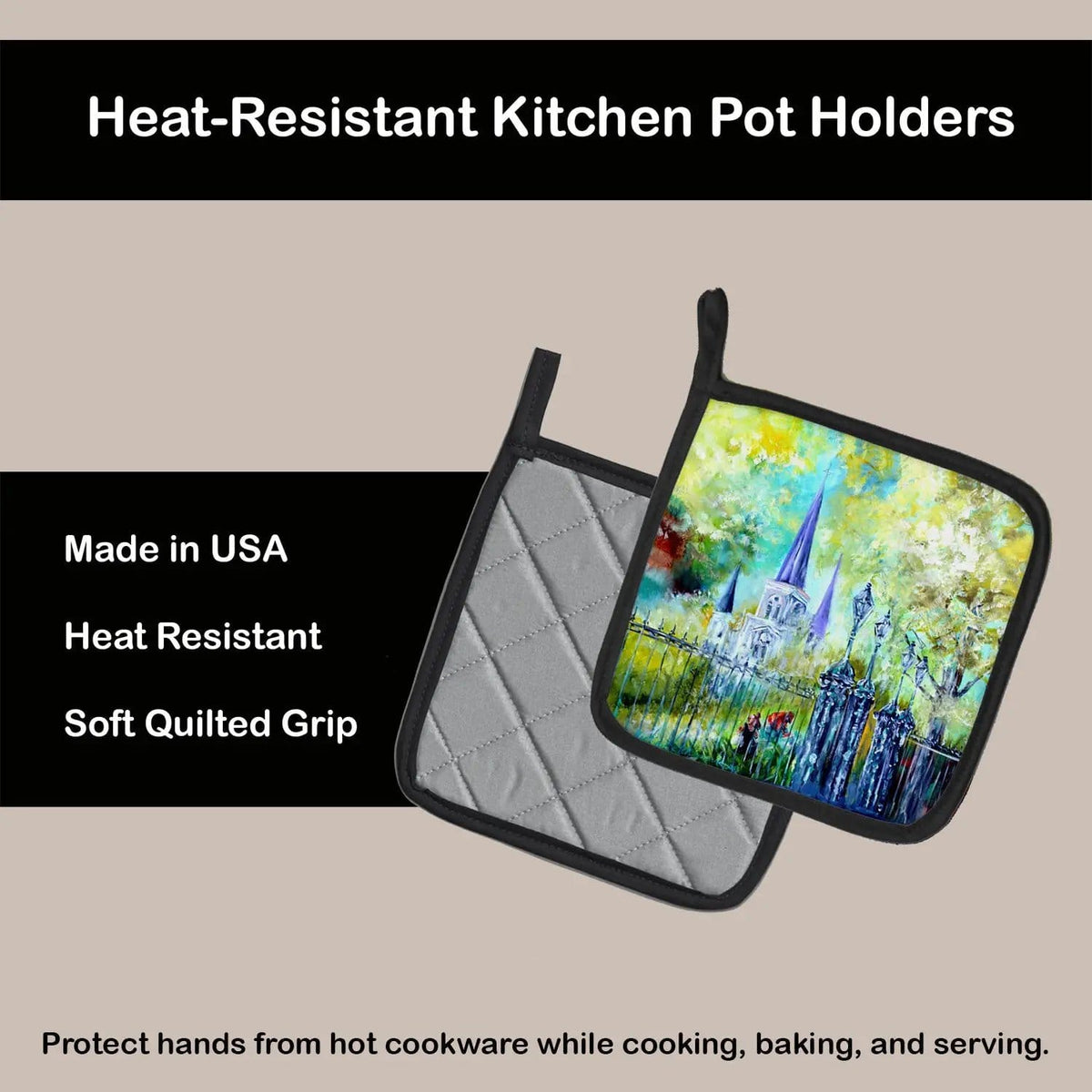 Pot Holder Set of 2 | Heat Resistant Quilted Hot Pads | 7.5 x 7.5 Inch | Across the Square St Louis Cathedral