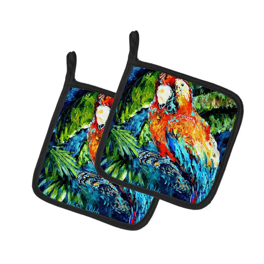 Pot Holder Set of 2 | Heat Resistant Quilted Hot Pads | 7.5 x 7.5 Inch | Yo Yo Mama Parrot