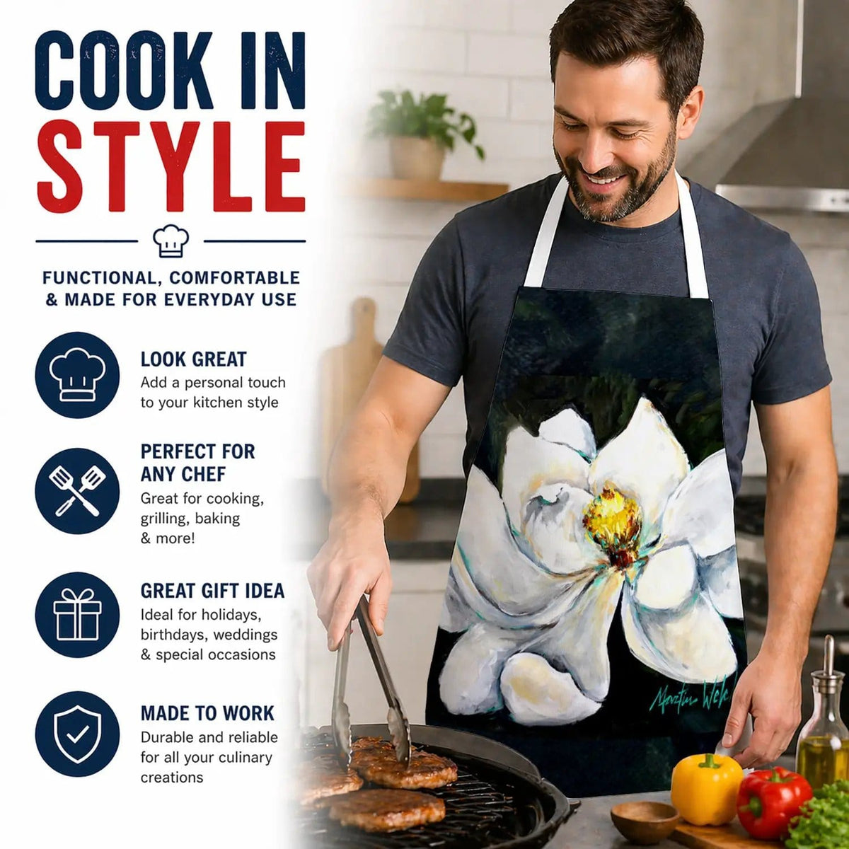 Kitchen Apron | Bib Style Unisex | 27"W x 30"H | Sweet Magnolia