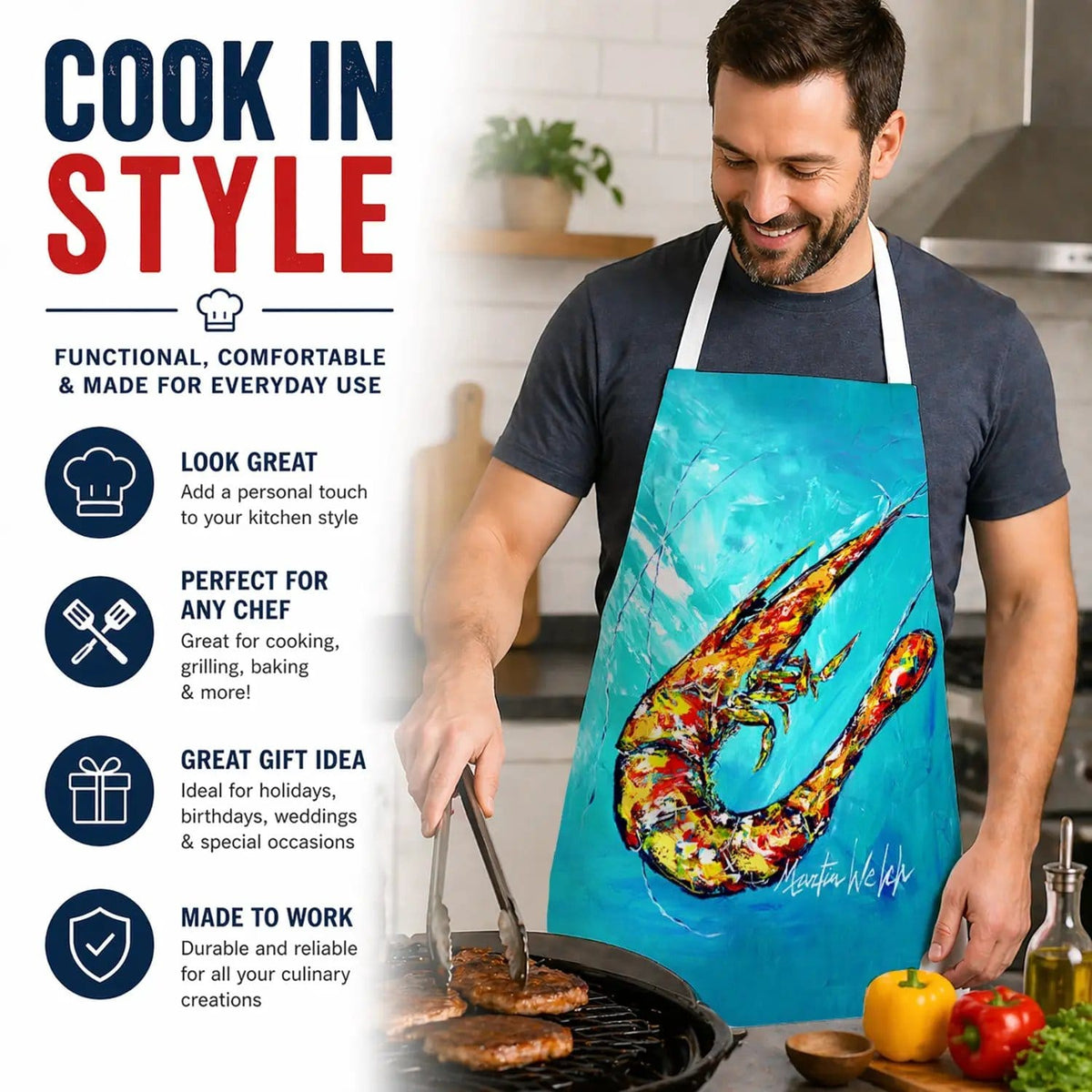 Kitchen Apron | Bib Style Unisex | 27"W x 30"H | All That Jazz Teal Shrimp