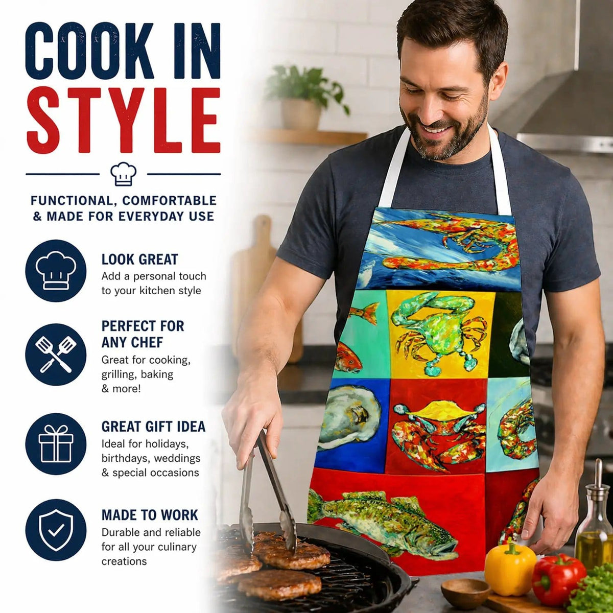Kitchen Apron | Bib Style Unisex | 27"W x 30"H | Mixed Seafood