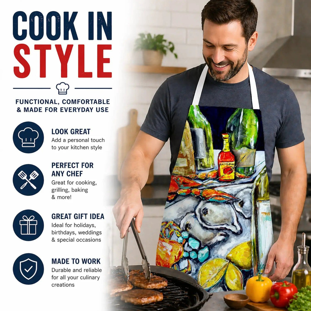 Kitchen Apron | Bib Style Unisex | 27"W x 30"H | Sit a Spell Seafood Crab boil