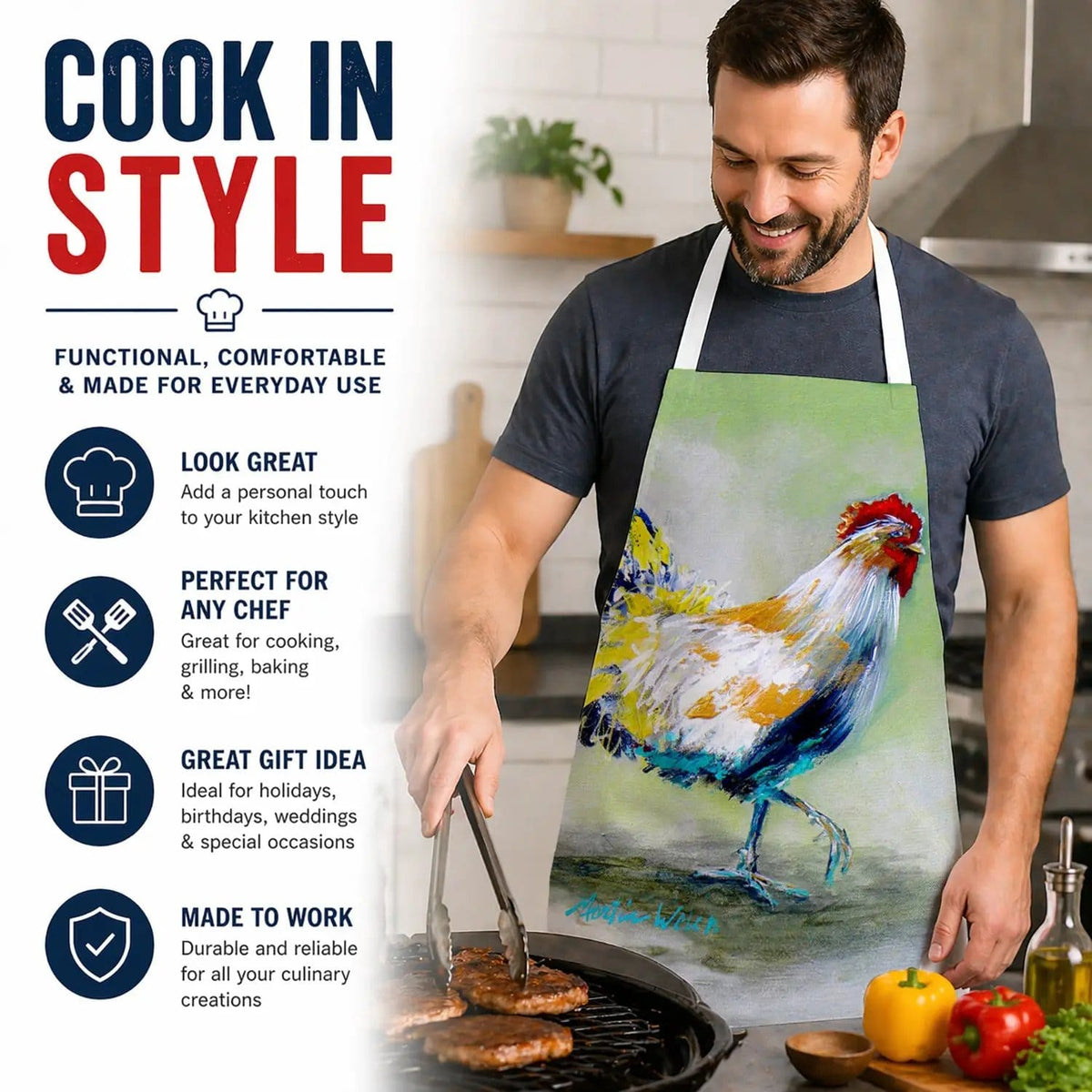 Kitchen Apron | Bib Style Unisex | 27"W x 30"H | Sunrise Rooster