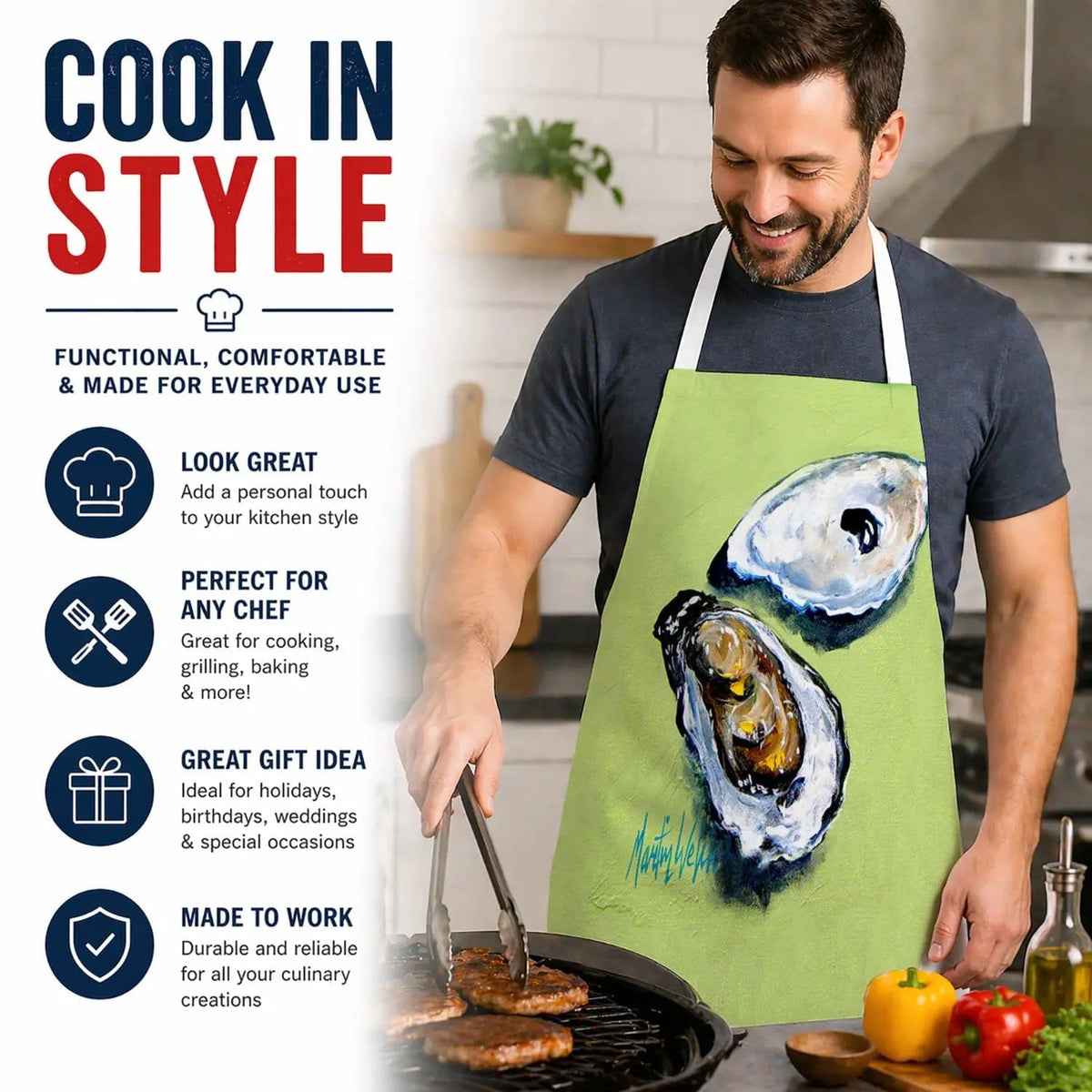 Kitchen Apron | Bib Style Unisex | 27"W x 30"H | Two Oyster Shells