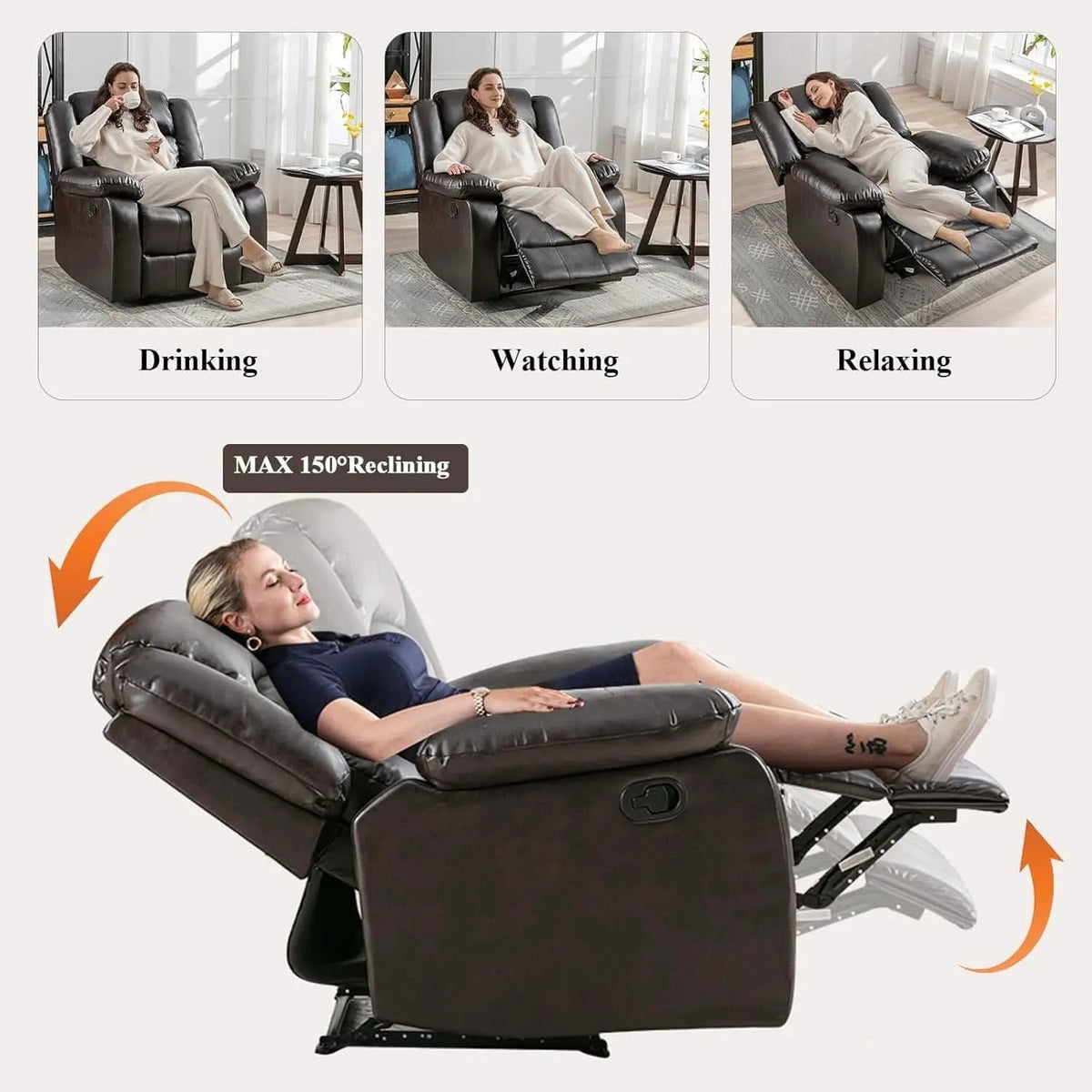 Manual Recliner Chair In Dark Brown Breathable Faux Leather from PriceLows™
