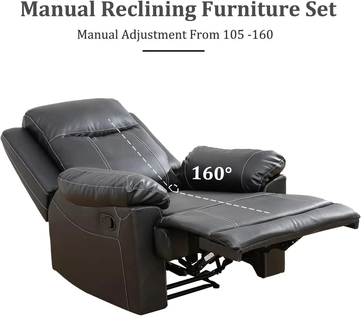Manual Recliner Sofa Set Black Bonded Leather Cup Holders from PriceLows™