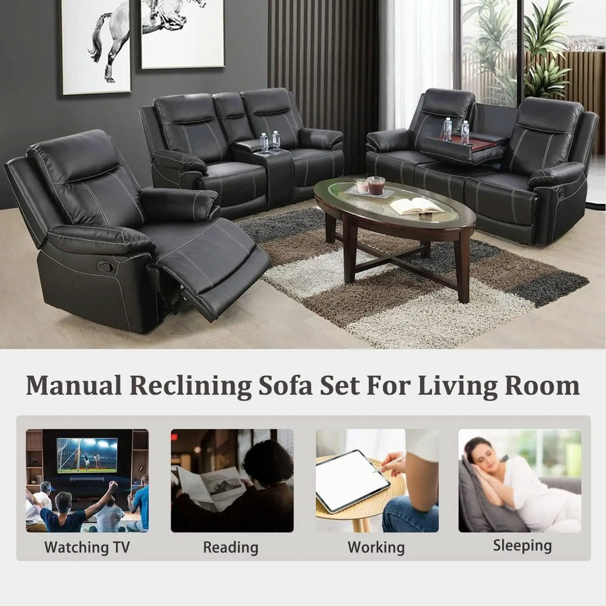 Manual Recliner Sofa Set Black Bonded Leather Cup Holders from PriceLows™
