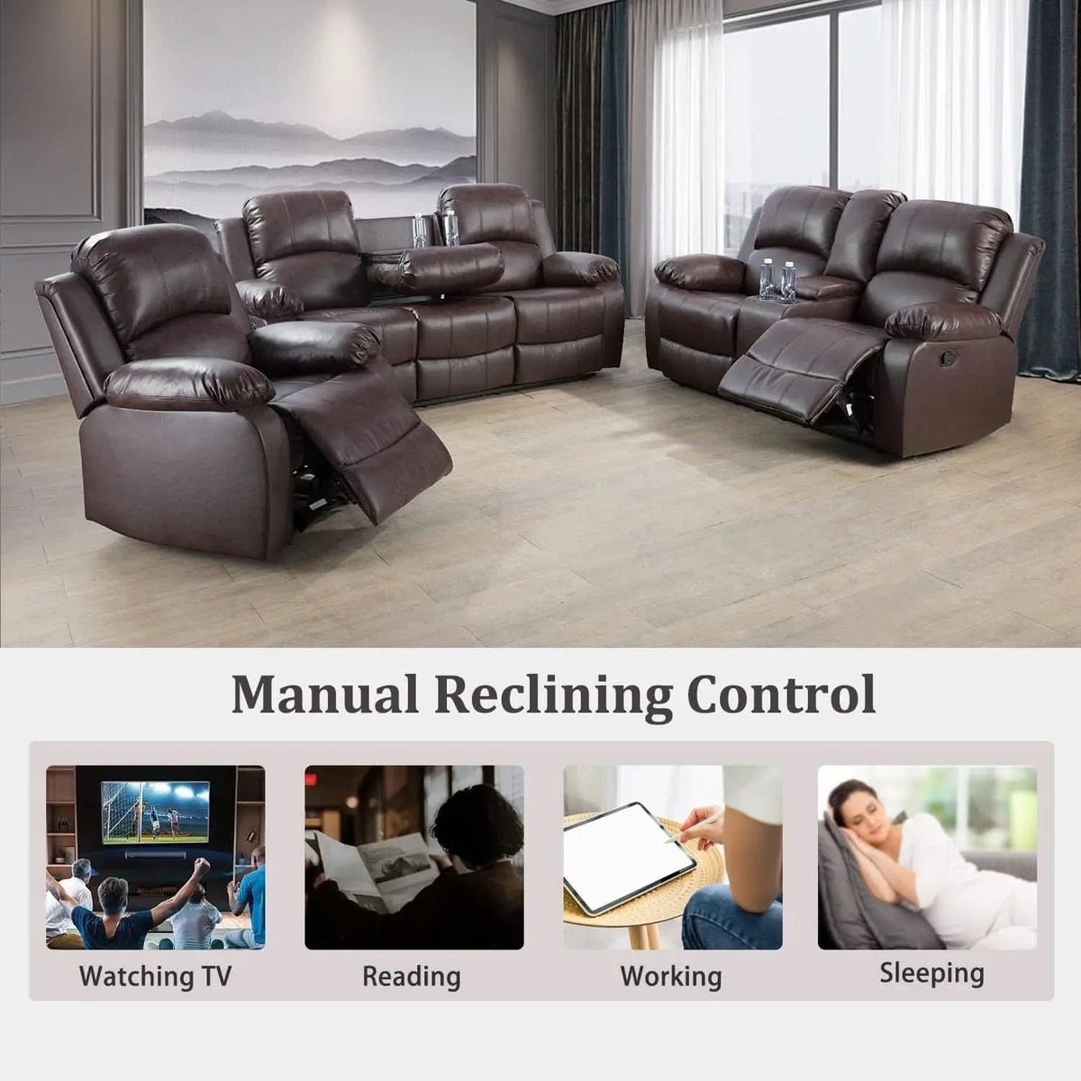 Manual Recliner Sofa Set Brown Three Piece Living Room Furniture from PriceLows™