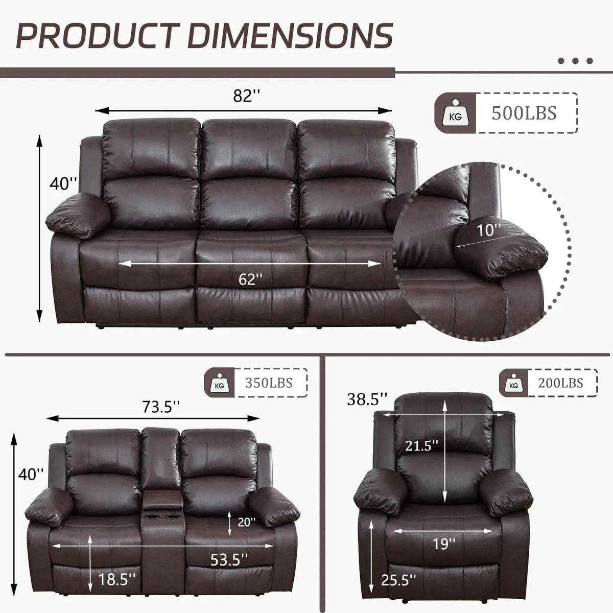 Manual Recliner Sofa Set Brown Three Piece Living Room Furniture from PriceLows™